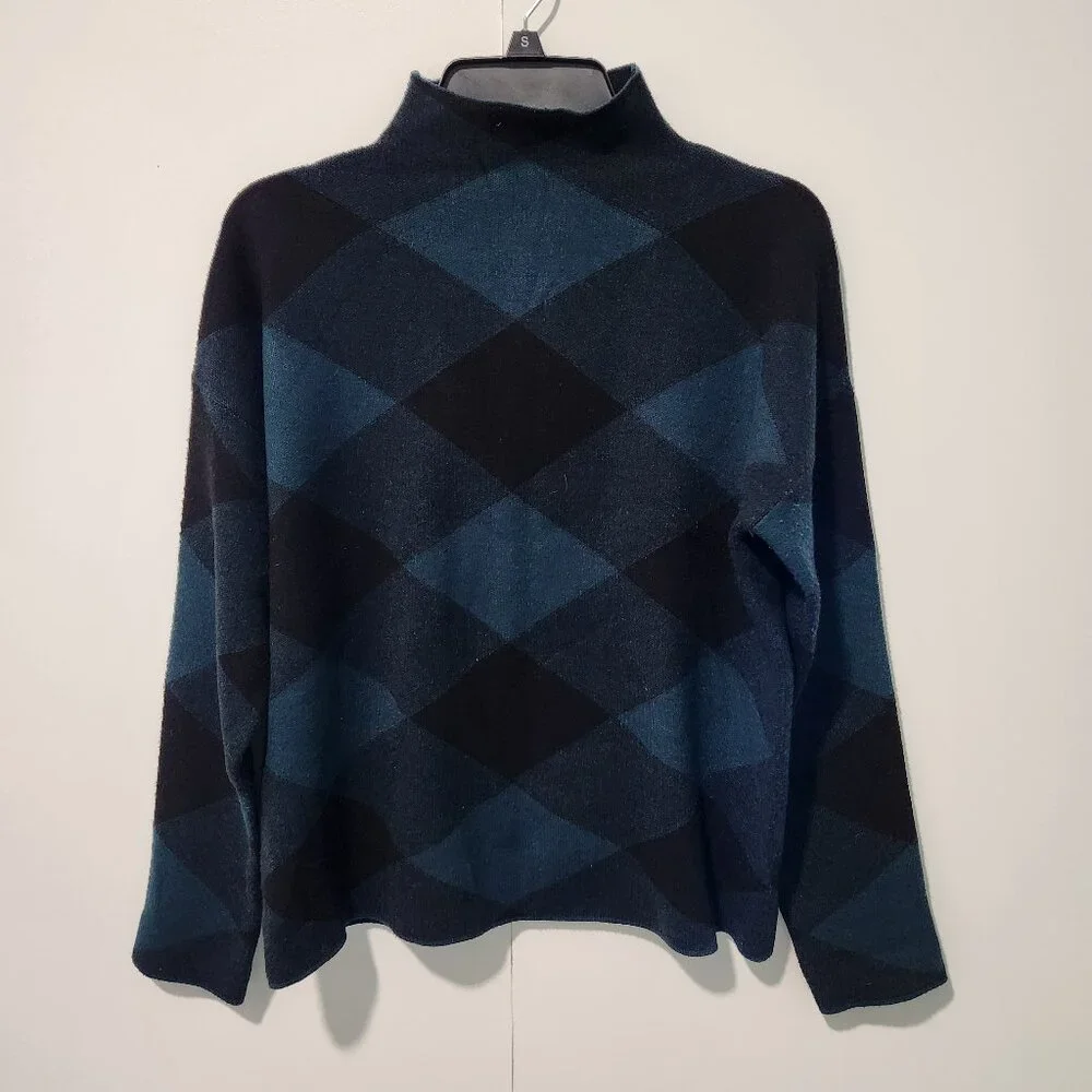 Tahari Green Black Plaid Design Mock Turtleneck Long Sleeve Sweater Large - Picture 1 of 6